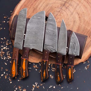 Personalised Damascus Steel Chef Set, Damascus Steel Chef Knifw Set For Christmas Gift, Damascus Handmade Kitchen Set For Halloween Gift.