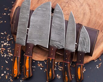 Personalized Damascus Steel Chef Knife Set: Handmade D2 Steel, Wood Handle