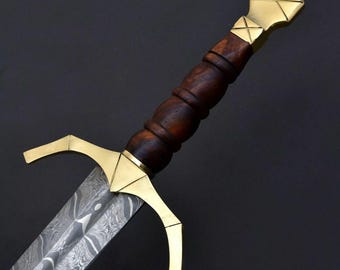 Handmade Damascus Steel Viking Sword: Rosewood Handle, Leather Sheath