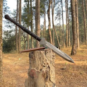May include: A large, silver-colored sword with a long, textured black handle. The sword is resting on a tree stump, with a brown sheath beside it. The background features a forest with tall trees.