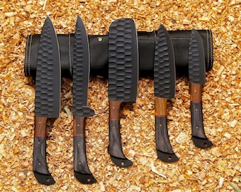 Personalized Damascus Steel Chef Knife Set: Handmade Kitchen Knives with Leather Kit