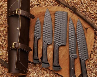 Ensemble de couteaux de chef personnalisés en acier damas : acier D2 fait main avec kit en cuir