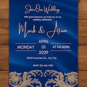 Faire-part de mariage bleu et or