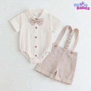 Baby Boy Outfit Set: Romper with Suspenders & Bowtie - Wedding, Party, Bodysuit