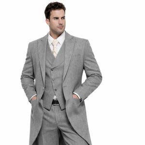 Men's Grey Wool Tailcoat Suit | 3-Piece Victorian Wedding Outfit