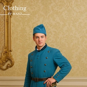 Herren Blauer russischer Militär Javert Kostüm Langer Woll Zweireihiger Kosakenmantel,Blauer Kosakenmantel,Kosakenwolle Russischer Krieg Langer Mantel,CBM