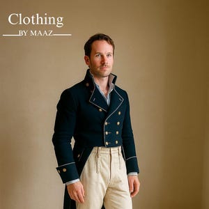 Handmade Men&#39;s Navy Blue Wool Regency Tailcoat - Historical Double Breasted Coat
