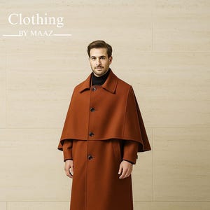 Men&#39;s Brown Wool Inverness Cape Coat: Victorian Duster Overcoat