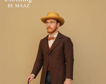 May include: A brown coat, vest, and bow tie ensemble. The outfit includes a straw hat, glasses, and black boots. A black cylindrical bag with a gold emblem is held in one hand, and a cane in the other. Text at the top reads "CLOTHING BY MAAZ".