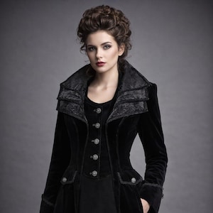 May include: A long, black velvet coat with a high collar and decorative buttons. The coat features intricate detailing on the collar and pockets, and is worn over a black dress. The overall style is gothic and elegant.