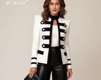 Custom Made Black And White Wool Women Miltary Coat: Ladies Victorian Coat
