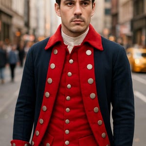 Puede incluir: Una chaqueta histórica azul marino y roja con botones plateados. La chaqueta tiene cuello y puños rojos, y se lleva sobre un chaleco rojo. La imagen incluye el texto "Clothing by MAAZ".