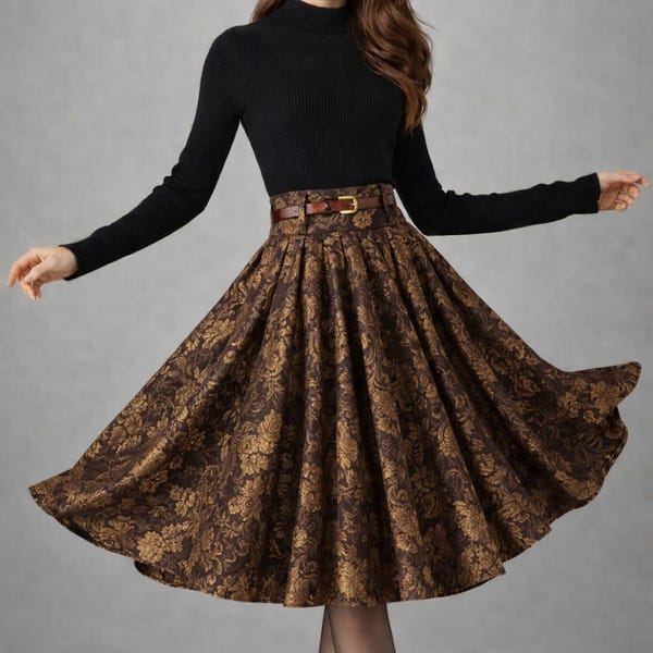 Vintage Brown Brocade Midi Skirt, High Waist Floral Jacquard