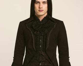 Men's Gothic Victorian Tailcoat Outfit, Black Steampunk Costume, Ruffled Shirt, Renaissance Cosplay (All-Black Ensemble)