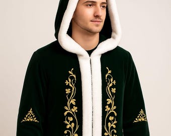 Abrigo de invierno de terciopelo bordado para hombre, chaqueta negra con capucha y ribete de piel, capa para festivales, abrigo cálido de lujo bordado, CBM