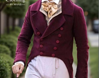 Men's Maroon Wool Regency Tailcoat: 18th Century Style