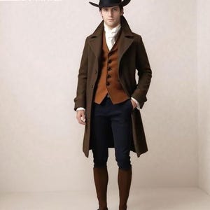 May include: A brown overcoat, vest, and trousers ensemble. The outfit includes a black hat, white shirt, and brown boots. The text "Clothing BY MAAZ" is visible in the upper left corner. The clothing is a historical style.