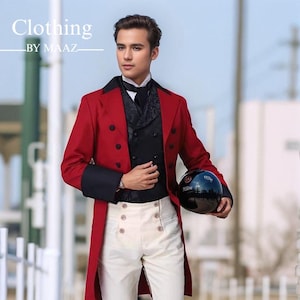 Handmade Men&#39;s Red Wool Victorian Tailcoat: 18th Century Regency Style