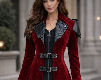 Gothic Roter Samt Mantel – Viktorianischer Steampunk Langer Trenchcoat mit Leder Details