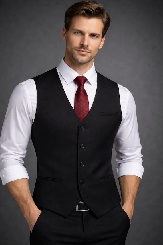 Men's Black Slim Fit Formal Waistcoat Vest, Classic Suit Gentleman Style