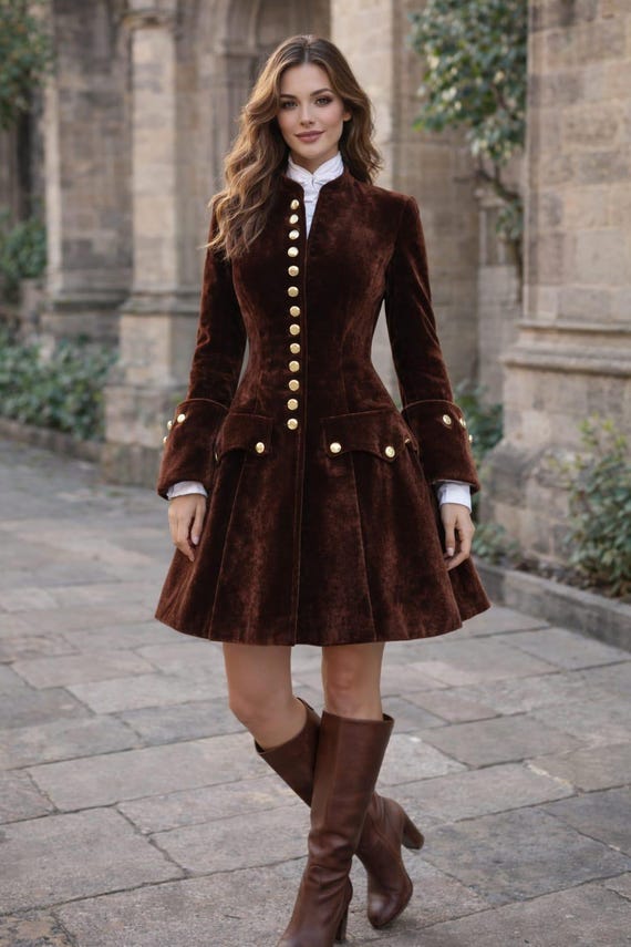 Vintage Velvet Coat Dress – Victorian Military Style, Gold Buttons