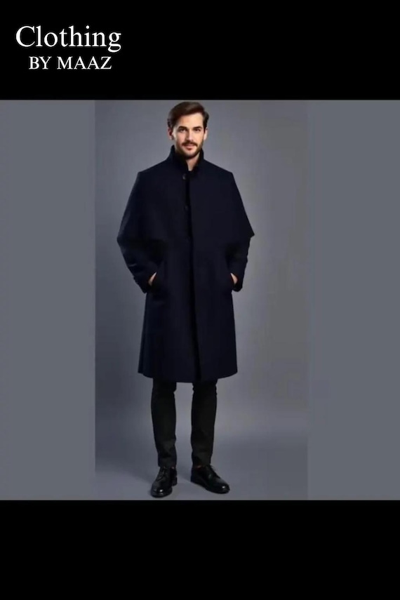 Men's Black Wool Blend Overcoat | Elegant Winter Trench Coat