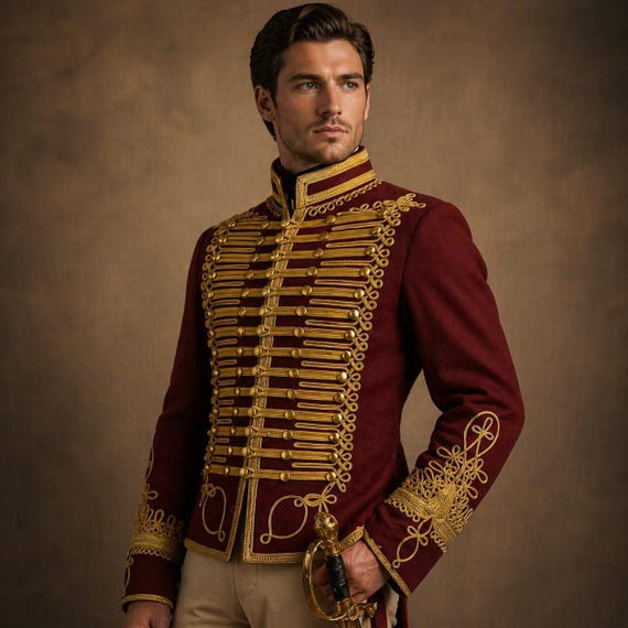 Men's Victorian Hussar Jacket, Red Gold Embroidered Royal Military Blazer