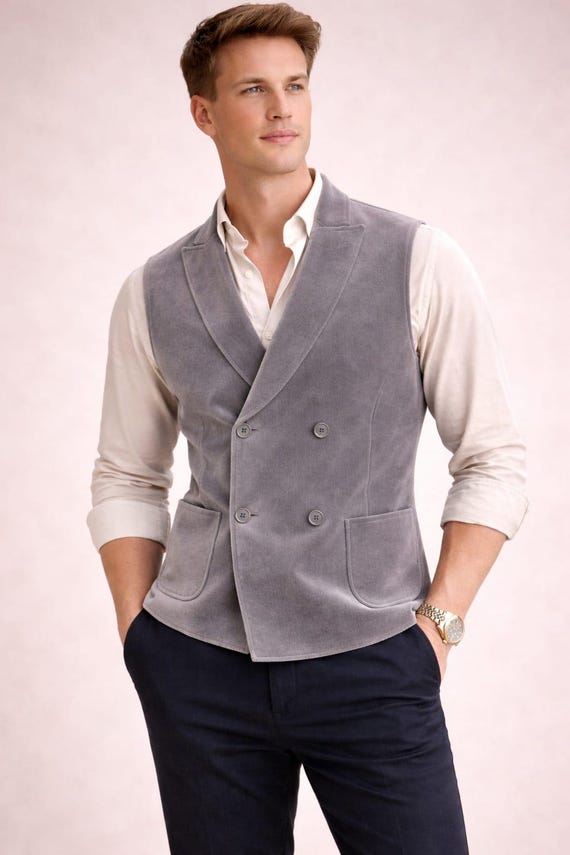 Grey Velvet Double Breasted Waistcoat, Slim Fit Formal Suit Vest