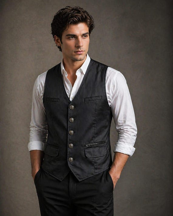 Men's Black Leather Vest, Victorian Gothic Steampunk Biker Waistcoat, Formal Wedding Gentleman Outfit