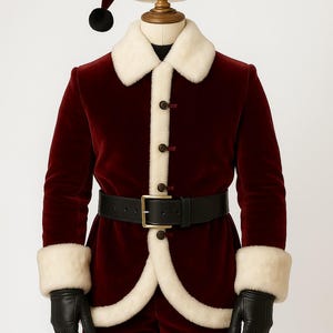 May include: A Santa Claus costume on a mannequin. The burgundy velvet suit has white faux fur trim on the collar, cuffs, and around the front. It includes a black belt, black gloves, and a matching hat with a black pom-pom.