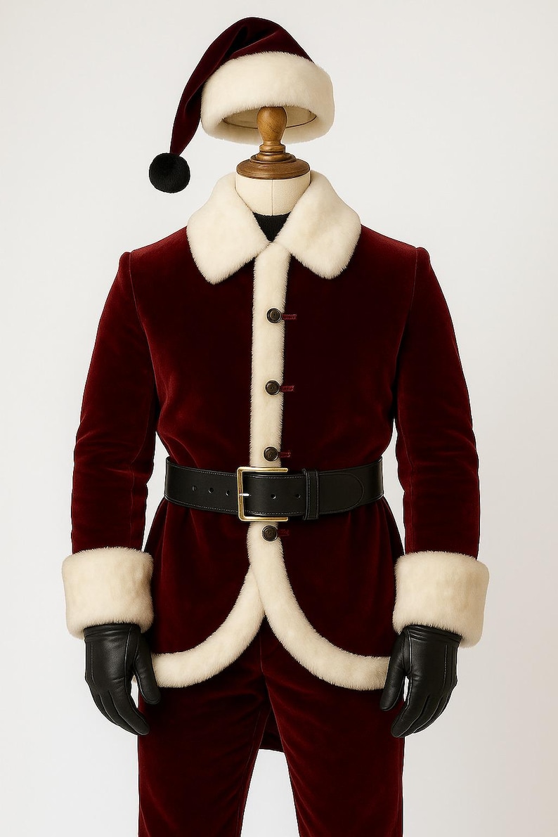 May include: A Santa Claus costume on a mannequin. The burgundy velvet suit has white faux fur trim on the collar, cuffs, and around the front. It includes a black belt, black gloves, and a matching hat with a black pom-pom.