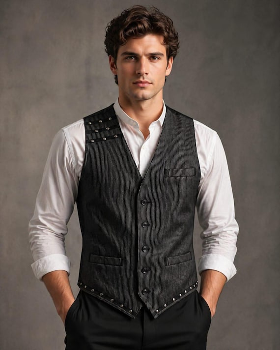 Men's Black Pinstripe Steampunk Vest with Stud Details, Gothic Formal Waistcoat