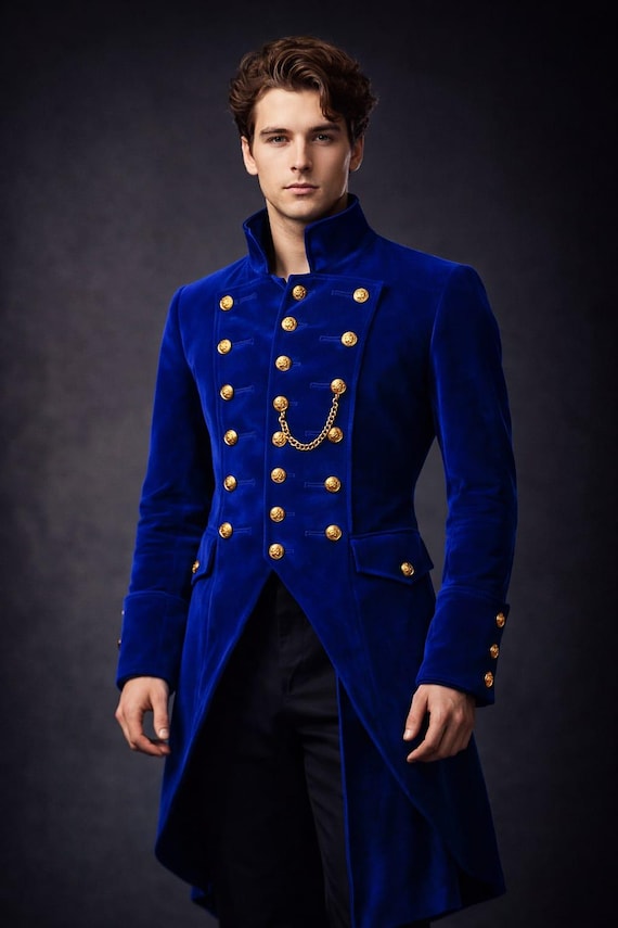 Royal Blue Velvet Military Coat, Victorian Prince Double Breasted Gold Button Jacket