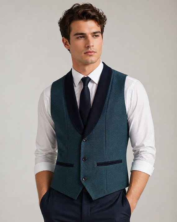 Men's Teal Suit Vest, Black Shawl Lapel, Tuxedo Waistcoat, Victorian Gentleman Style