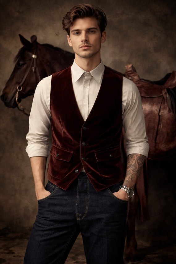 Burgundy Velvet Waistcoat, Vintage Style Slim Fit Vest, Formal Groom Wear