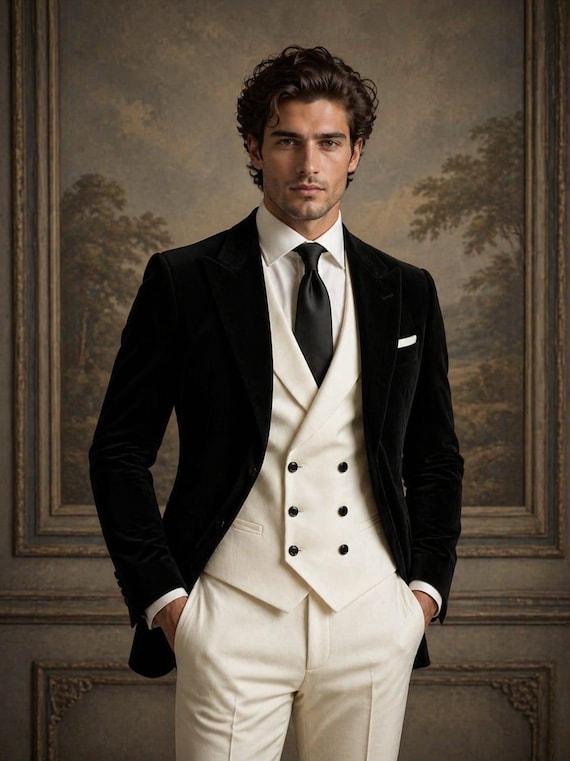 Men's Black Velvet Blazer Suit, Ivory Double Breasted Waistcoat, Victorian Groom Outfit