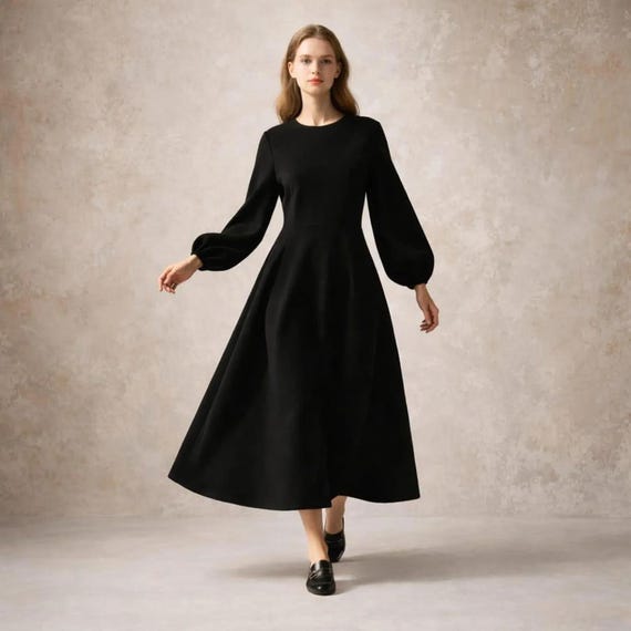 Black Long Sleeve Maxi Dress, Vintage Inspired A-Line, Modest Evening Party Fashion