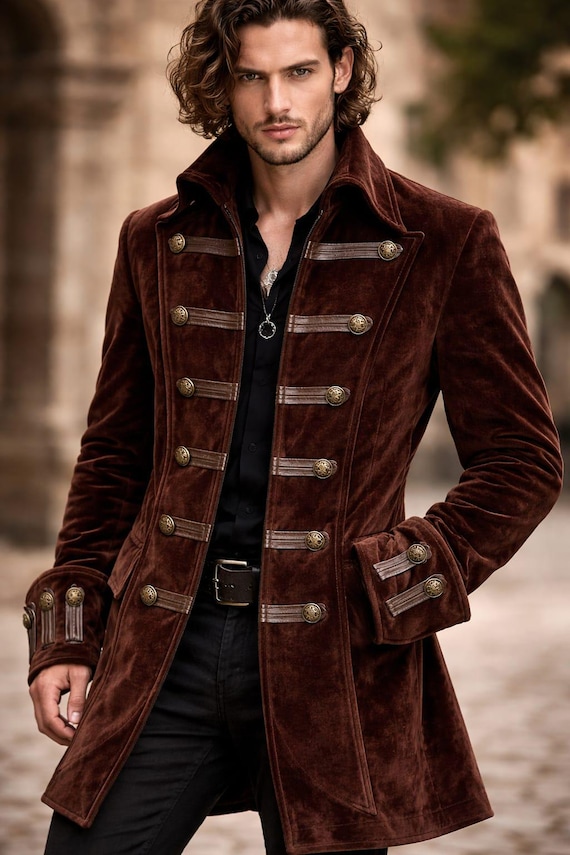 Men's Brown Velvet Military Coat – Gothic Steampunk Winter Jacket