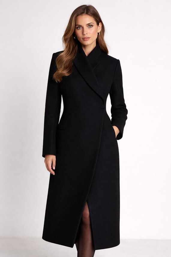 Black Wrap Coat Dress, Elegant Midi, Minimalist Formal Winter Style