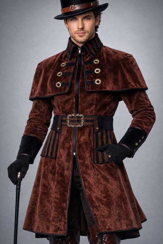 Men's Brown Velvet Steampunk Frock Coat – Victorian Gothic Cosplay