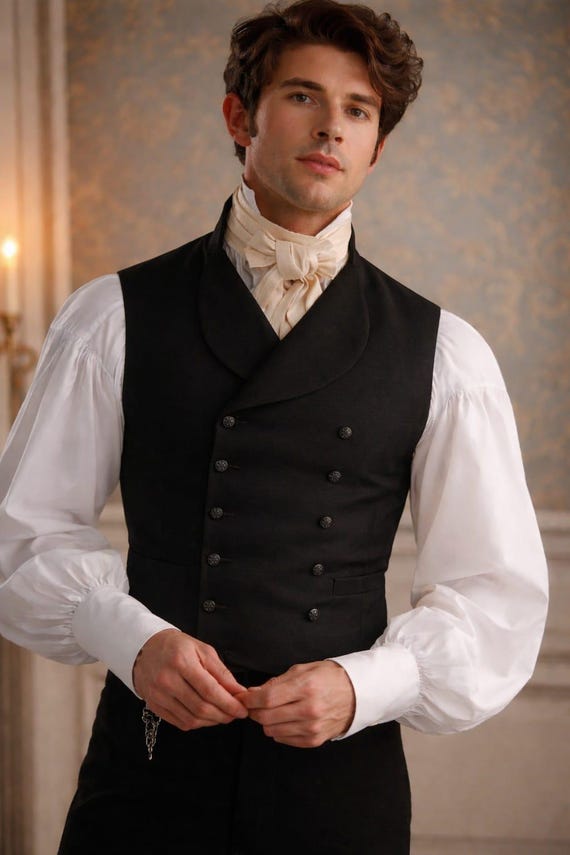 Men's Black Double Breasted Victorian Waistcoat, Regency Gothic Formal Vest