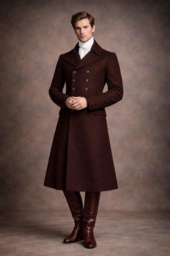 Men's Burgundy Wool Overcoat – Double Breasted Victorian Style Trench
