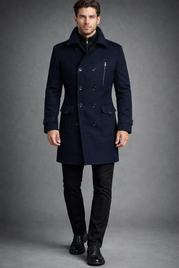 Men's Navy Wool Overcoat, Double Breasted Peacoat Style
