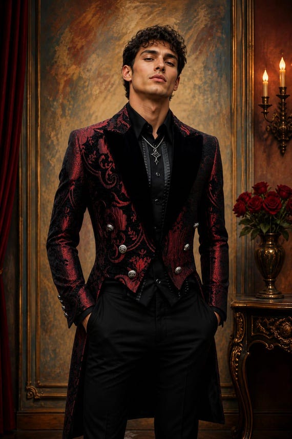 Men's Red Black Brocade Tailcoat Blazer, Victorian Gothic Slim Fit Evening Coat