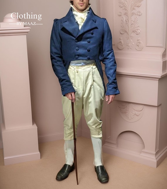 Handmade Blue Wool Regency Tailcoat: Men's Historical Outfit