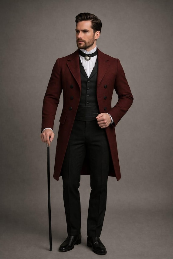 Burgundy Wool Steampunk Overcoat - Victorian Gothic Tailcoat
