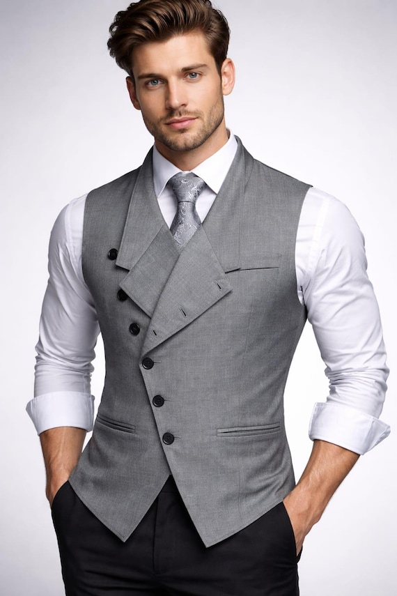 Grey Asymmetrical Double Breasted Vest, Victorian Style Slim Fit Waistcoat