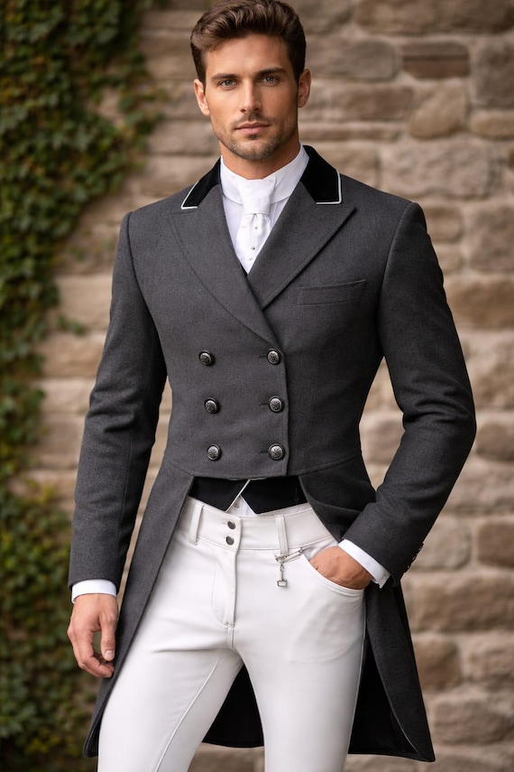 Men's Charcoal Wool Blend Victorian Tailcoat – Double Breasted Formal Wedding Jacket