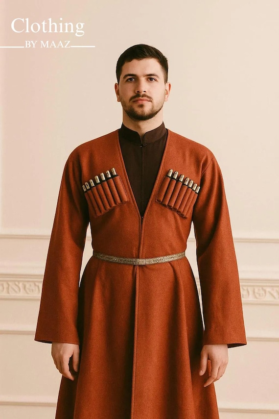 Brown Wool Cossack Frock Coat: Georgian Mens Dance Chokha