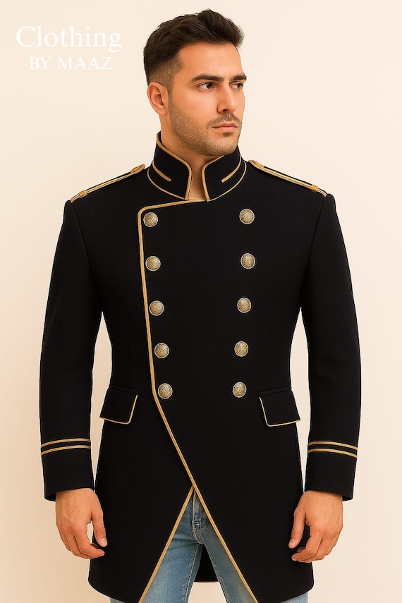 Custom Made Men's Frock Coat , Black Wool Military Coat , 19th Century Steampunk Outerwear